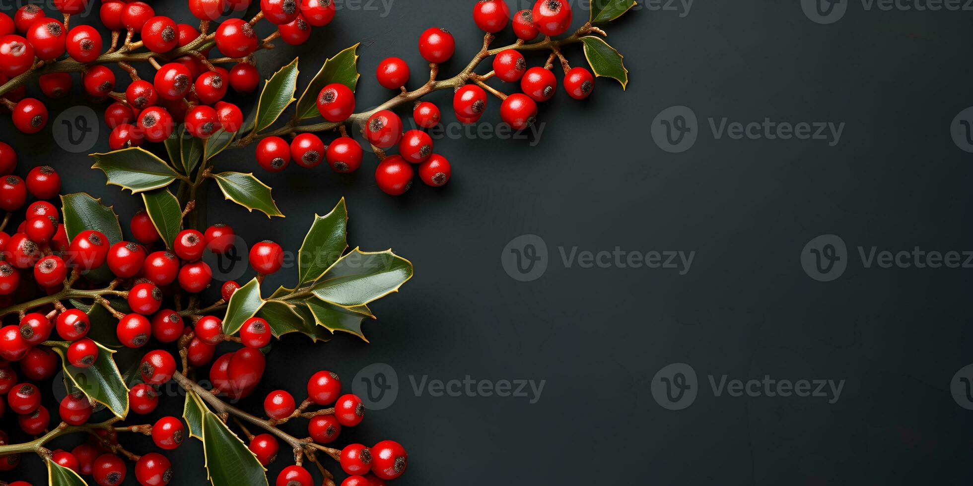 Christmas flat lay mockup banner with holly branches and red berries on black background with copy space. Top view of winter holiday concept composition. photo