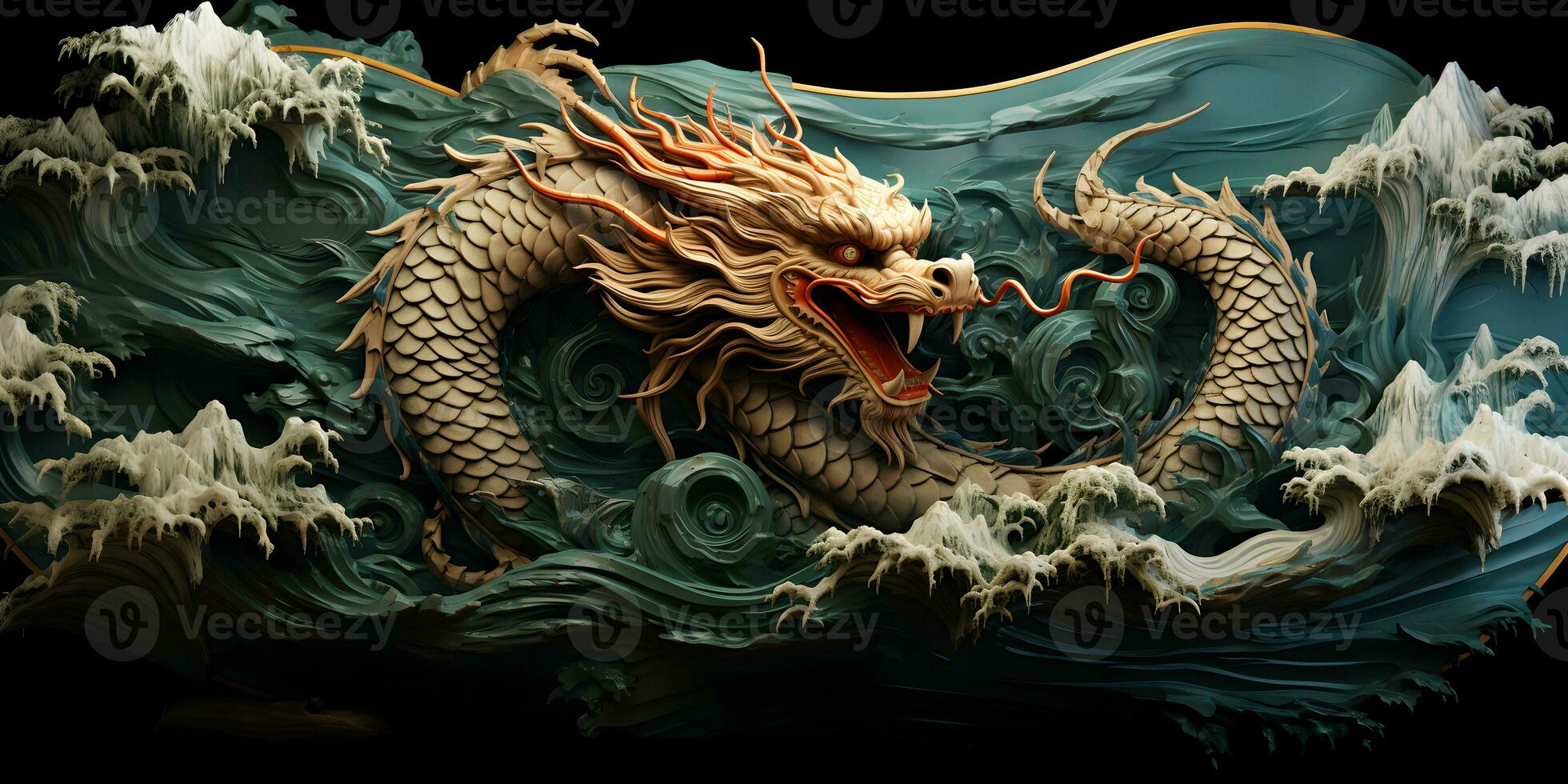 Chinese green and gold wooden texture dragon statue banner in the water. Asian culture symbol of 2024 new year concept. photo