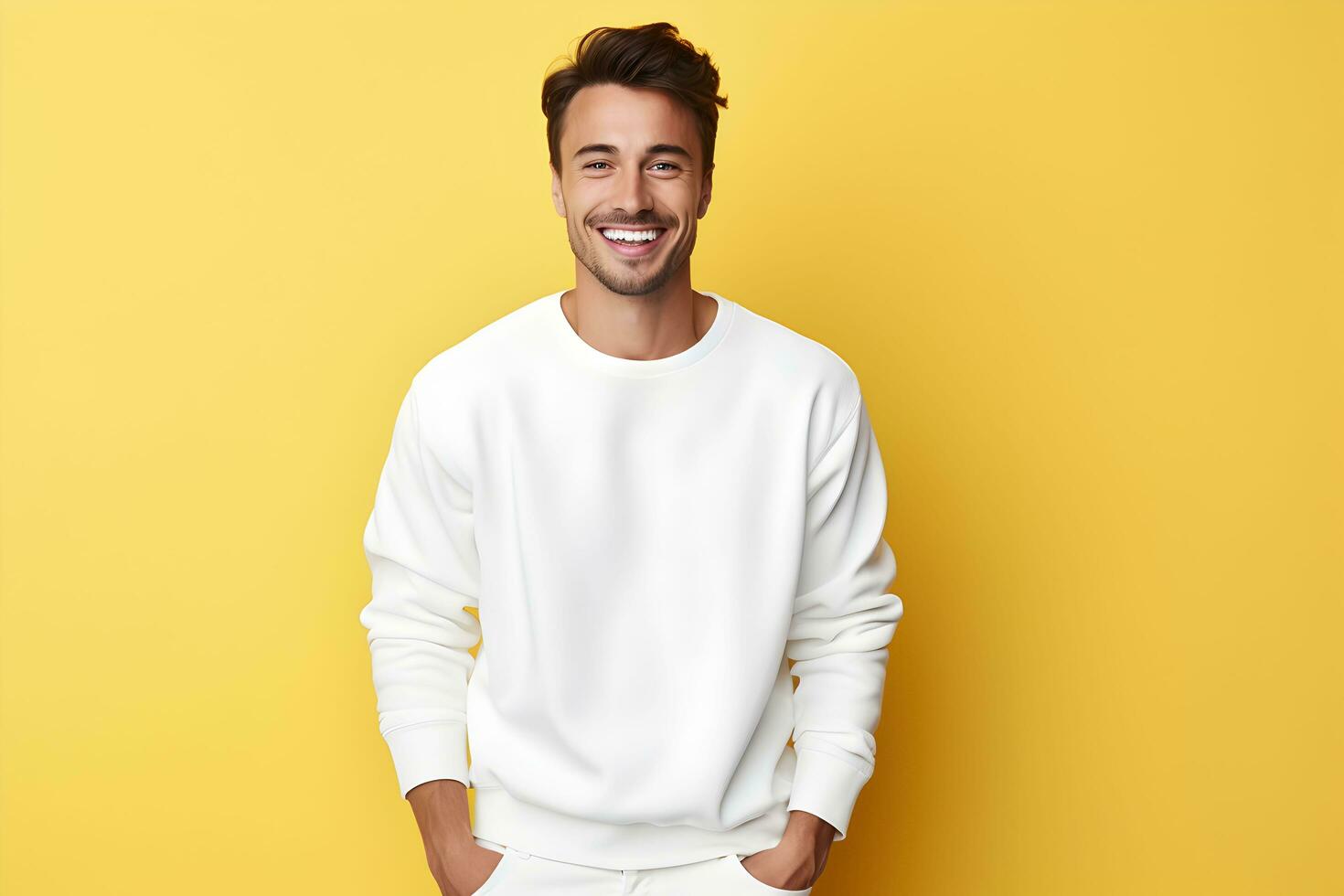 joven hombre vistiendo blanco camisa de entrenamiento Bosquejo, a amarillo antecedentes. diseño pull-over plantilla, impresión presentación Bosquejo. ai generado. foto