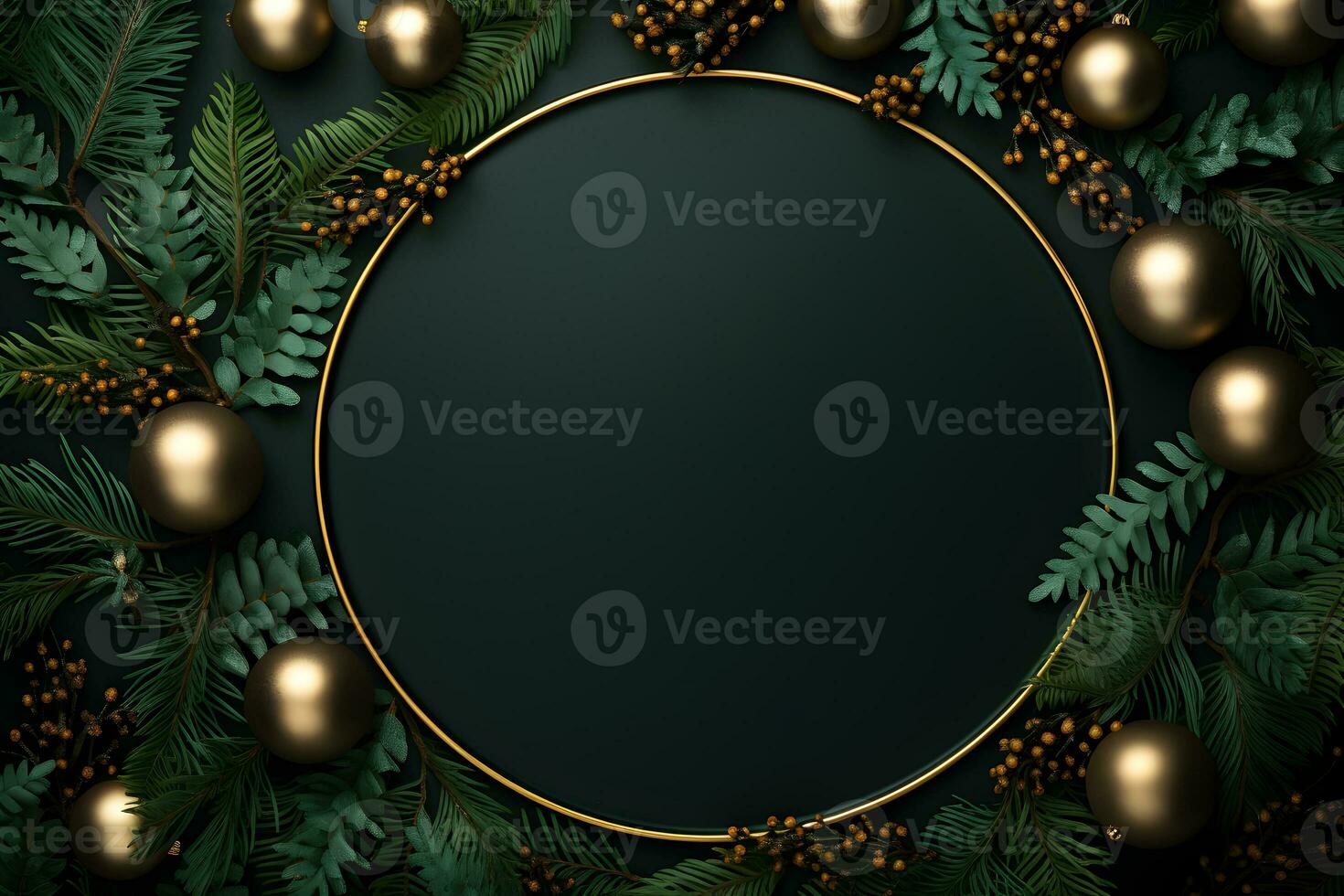 Christmas round blank mockup with pine tree branches and decoration on black background. Top view of empty sign board flat lay with xmas decor and copy space. photo