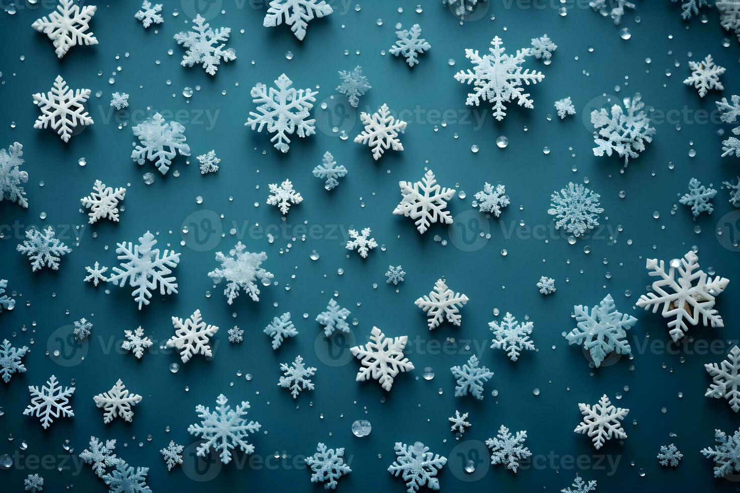 Christmas flat lay with snowflakes, winter snow pattern, graphic resource on the dark navy blue background. photo