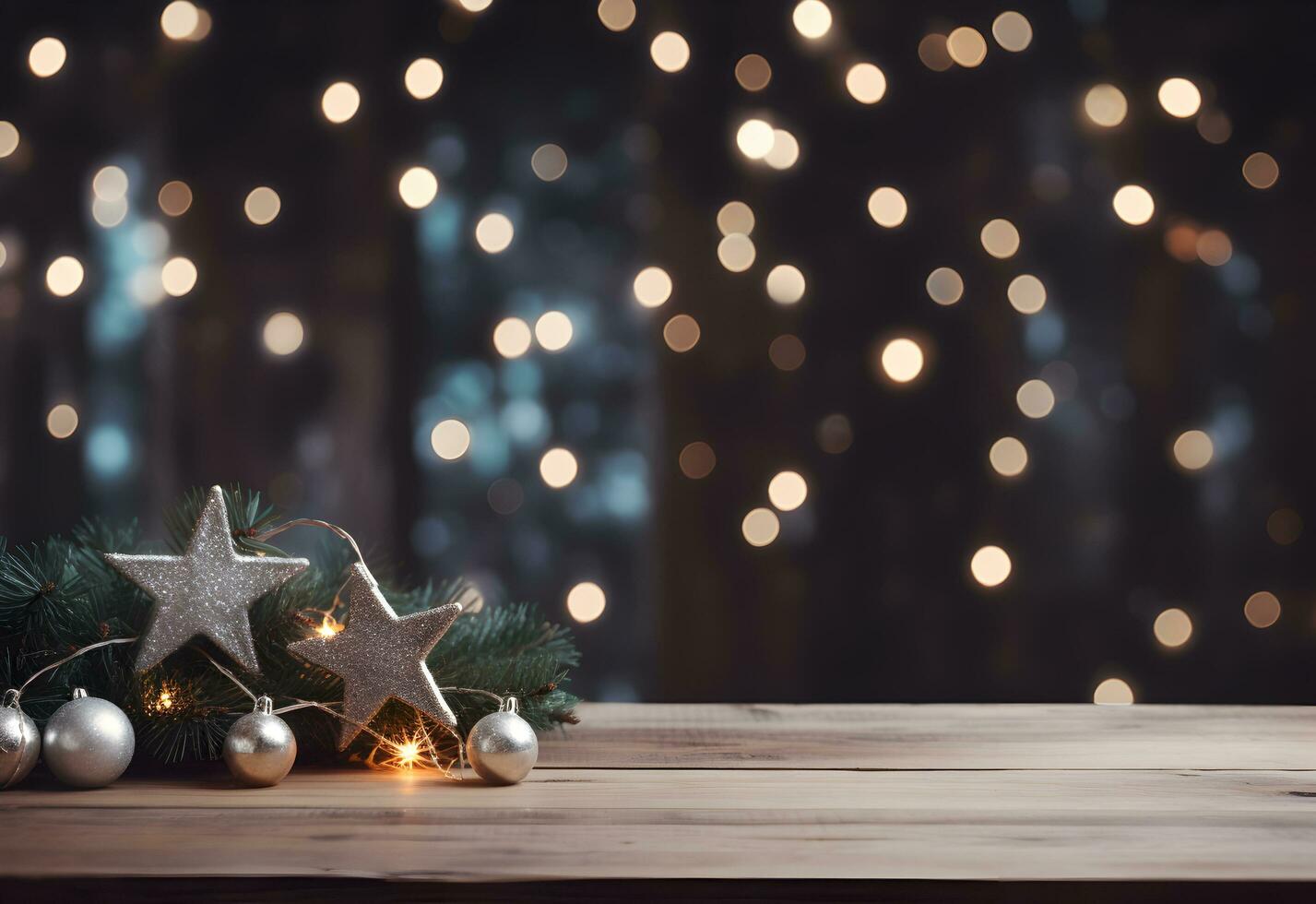 Christmas sparkling silver balls with glitter and christmas tree branch on blurred lights background. Festive mockup banner with creative bauble decoration and copy space. photo