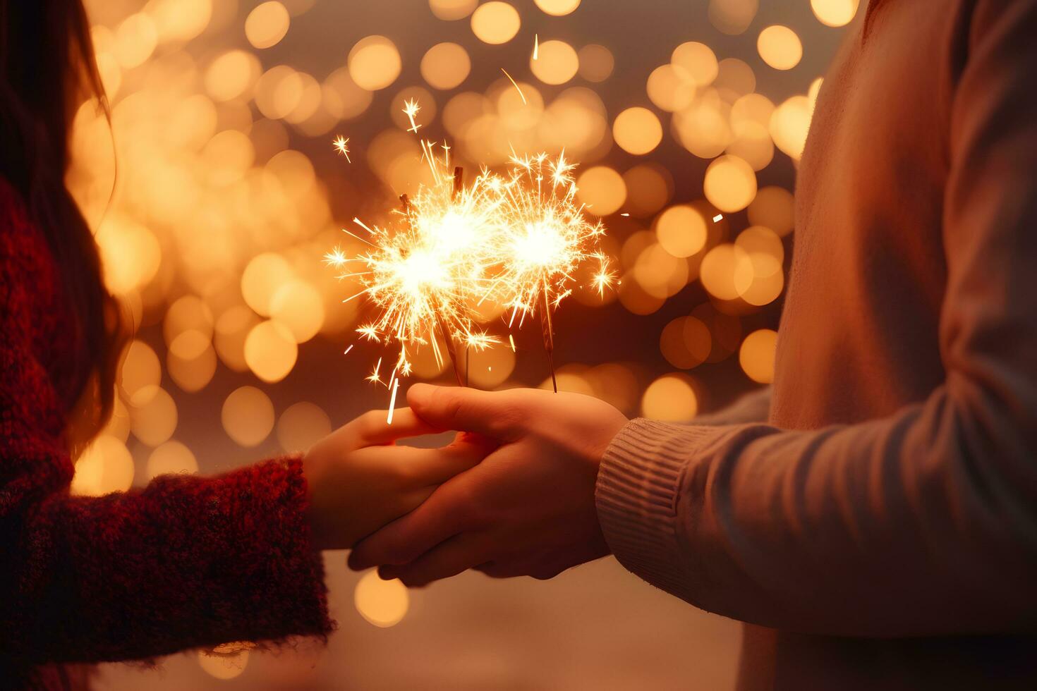 manos de joven Pareja participación llameante fuegos artificiales en festivo oro brillante bokeh antecedentes. celebracion antecedentes con bengalas ai generado foto