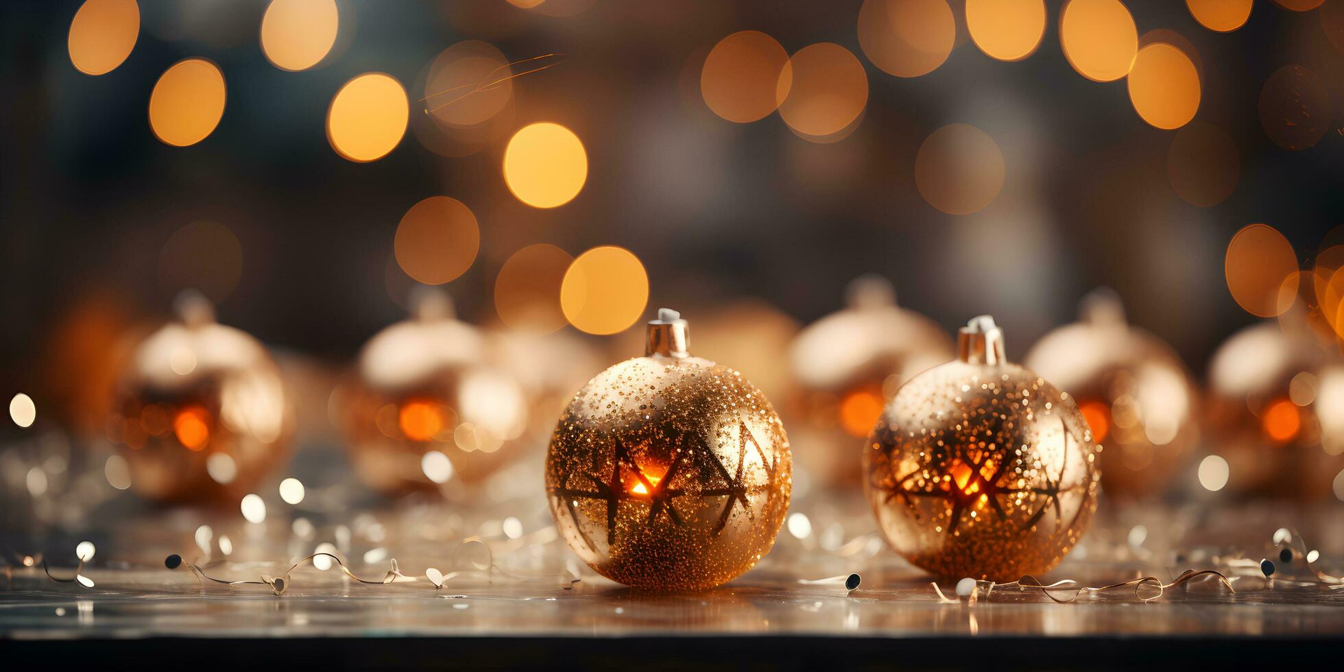Christmas sparkling gold balls with blurred lights background. Festive banner mockup with creative baubles decoration and copy space. AI generated photo