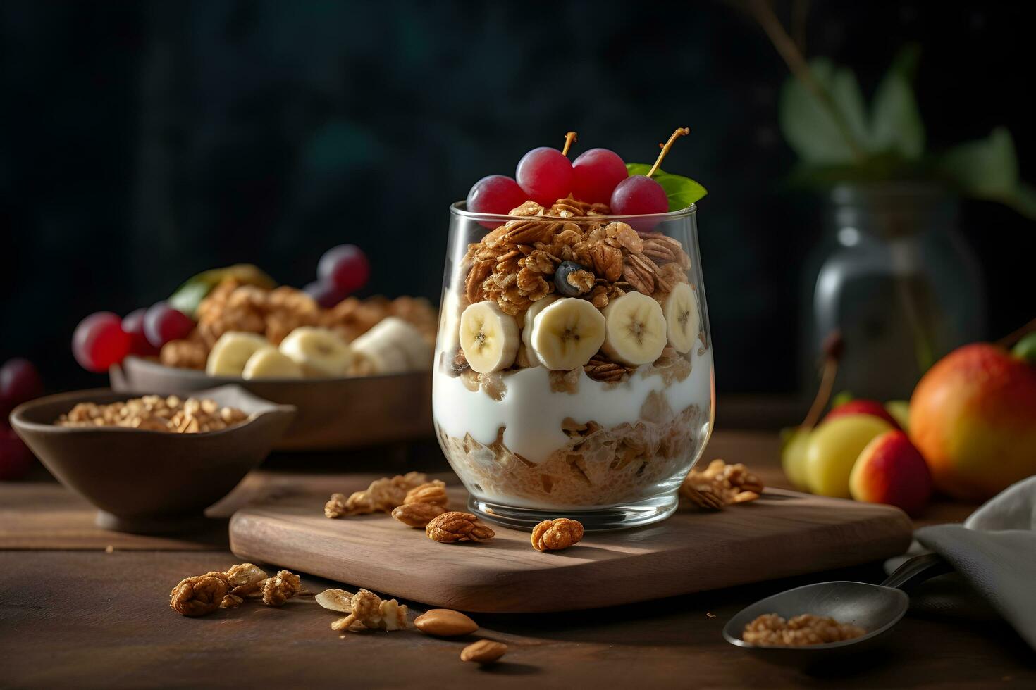 Yogurt granola parfait with sliced nuts, fresh banana and grape fruits and berries in a glass jar on dark background. Generative AI. photo