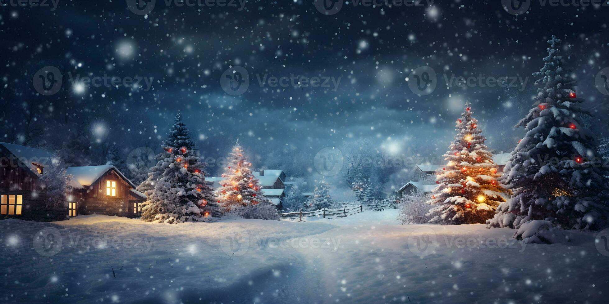 Winter snow evening village landscape with decorated christmas trees. photo