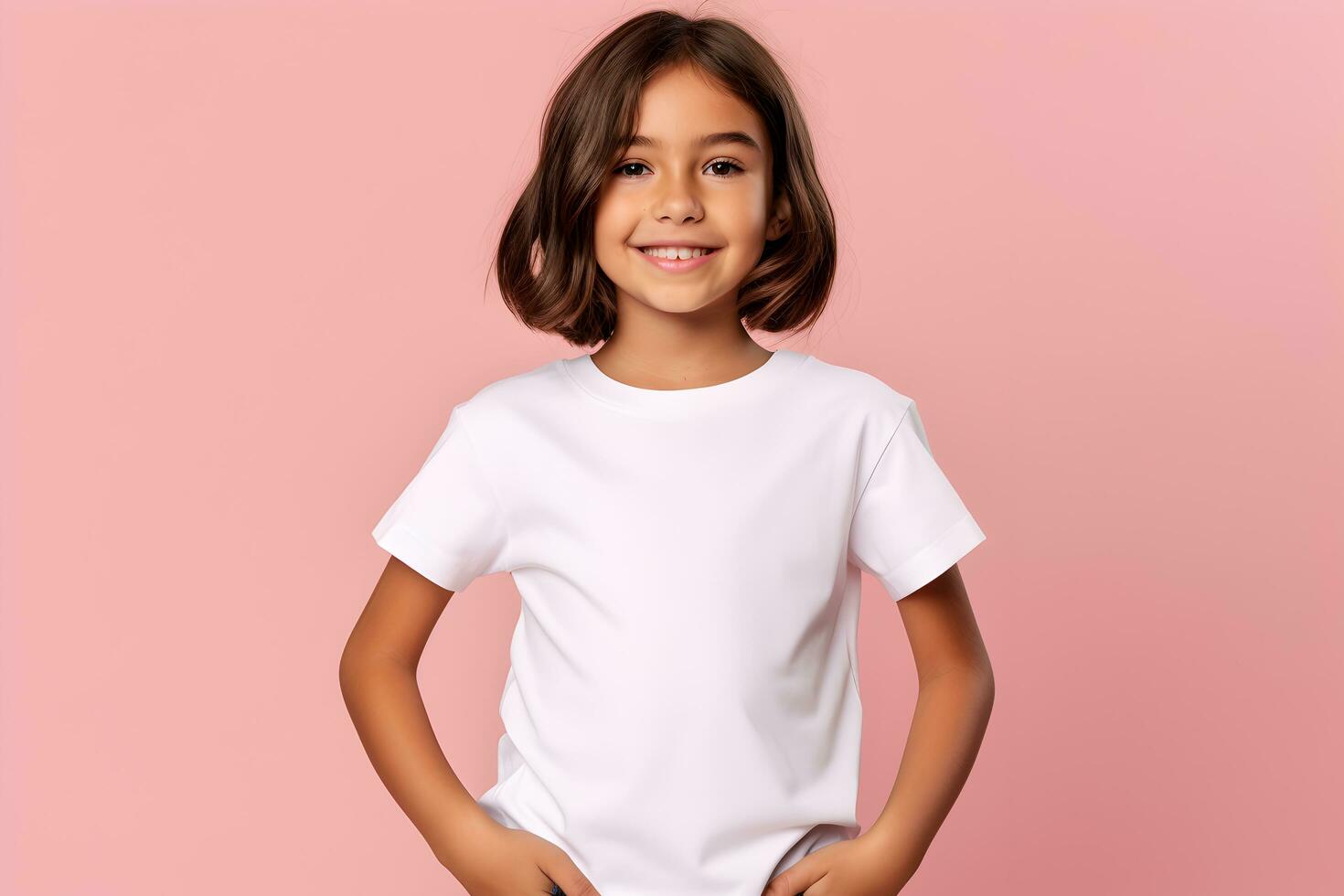 Female child, girl wearing bella canvas white shirt mockup, at pink background. Design tshirt template, print presentation mock-up. AI generated. photo