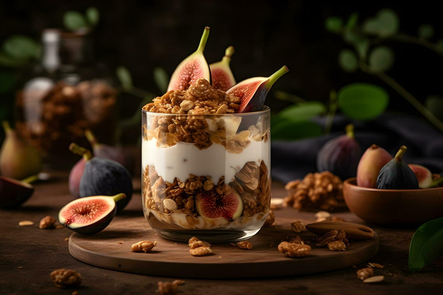 Yogurt granola parfait with sliced nuts and fresh figs fruits in a glass jar on dark background. Generative AI. photo