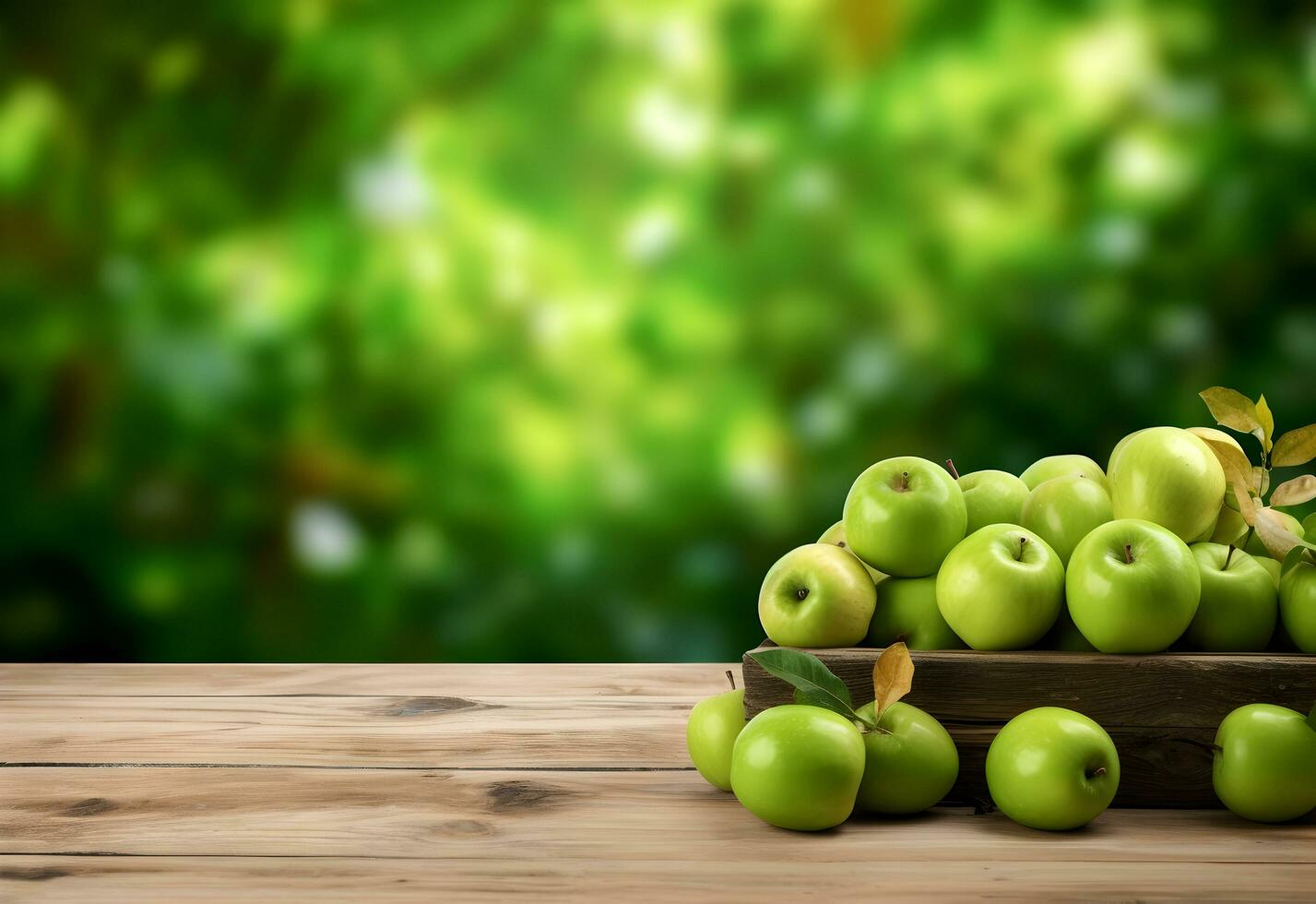 de madera mesa con verde manzanas frutas y gratis espacio en naturaleza borroso antecedentes. generado ai. foto