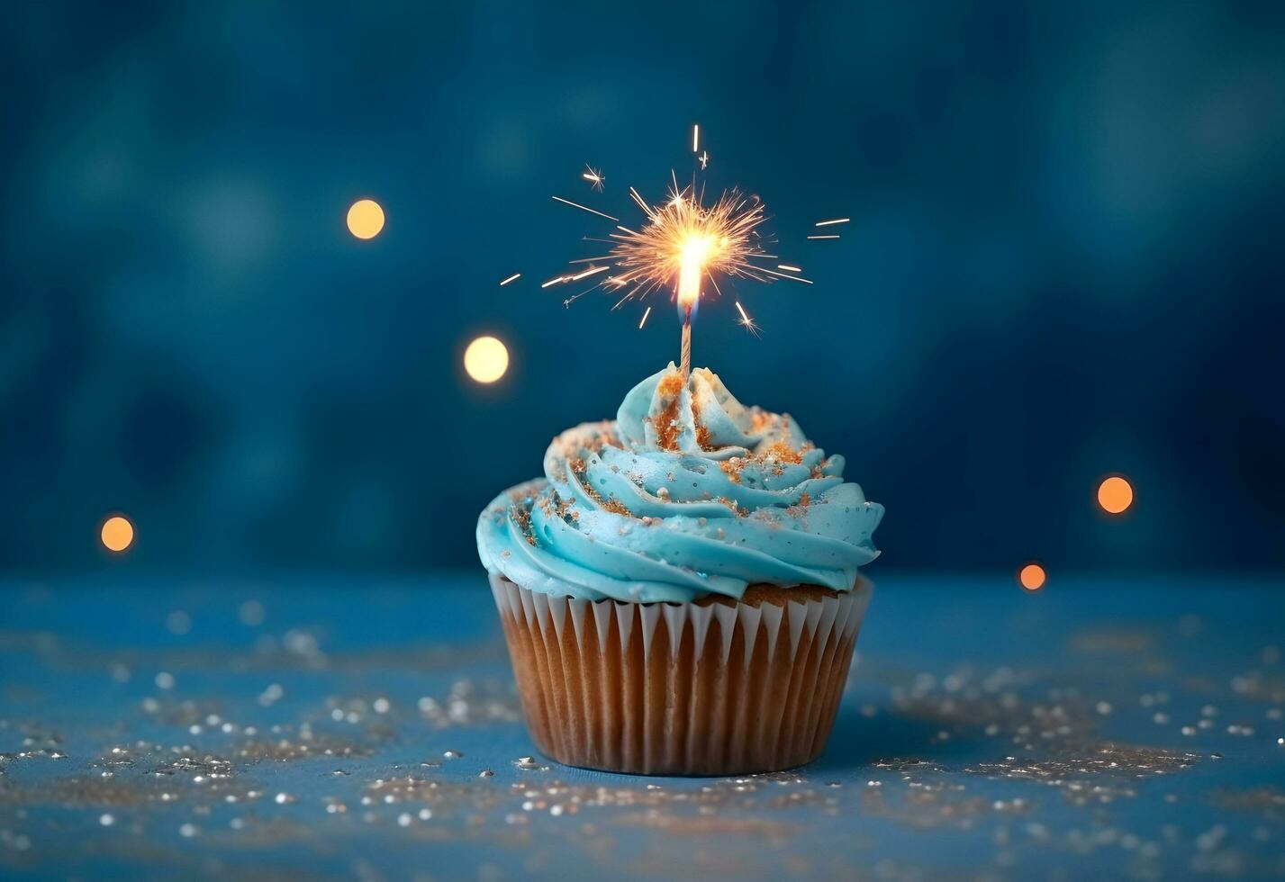 Birthday cupcake with a candle and festive tinsel decoration on a blue background with copy space. Generated AI. photo