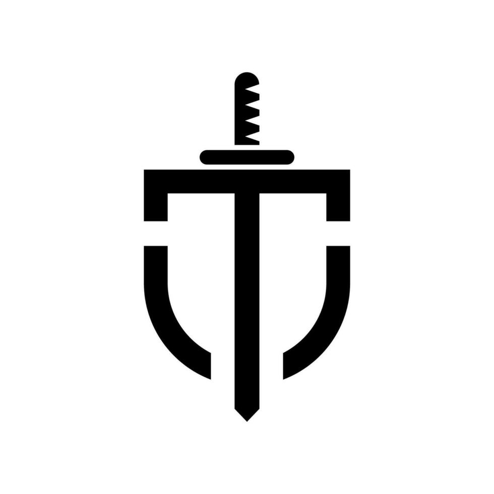Letter MT monogram sword shape logo black. Initial MT letter with shield style logo template vector. vector