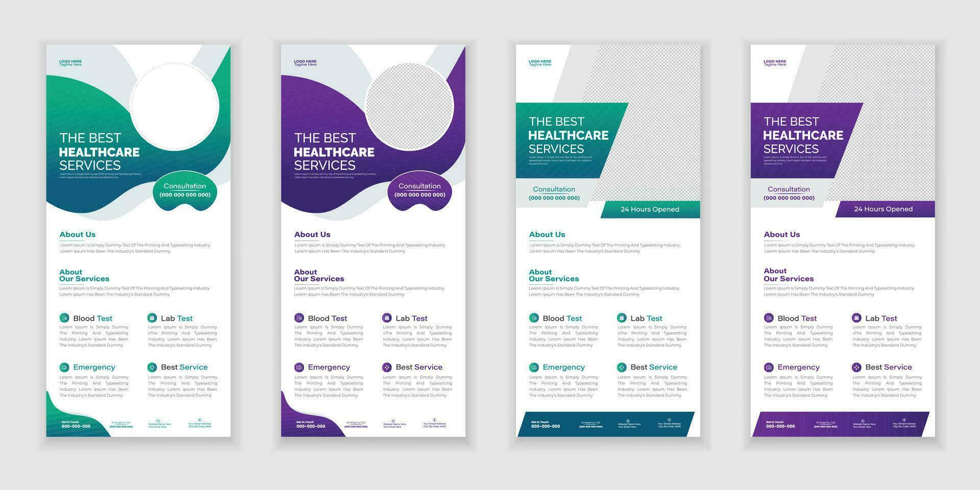 haz médico enrollar o dl volantes y estante tarjeta diseño creativo volantes colocar, corporativo marca, folleto modelo vector