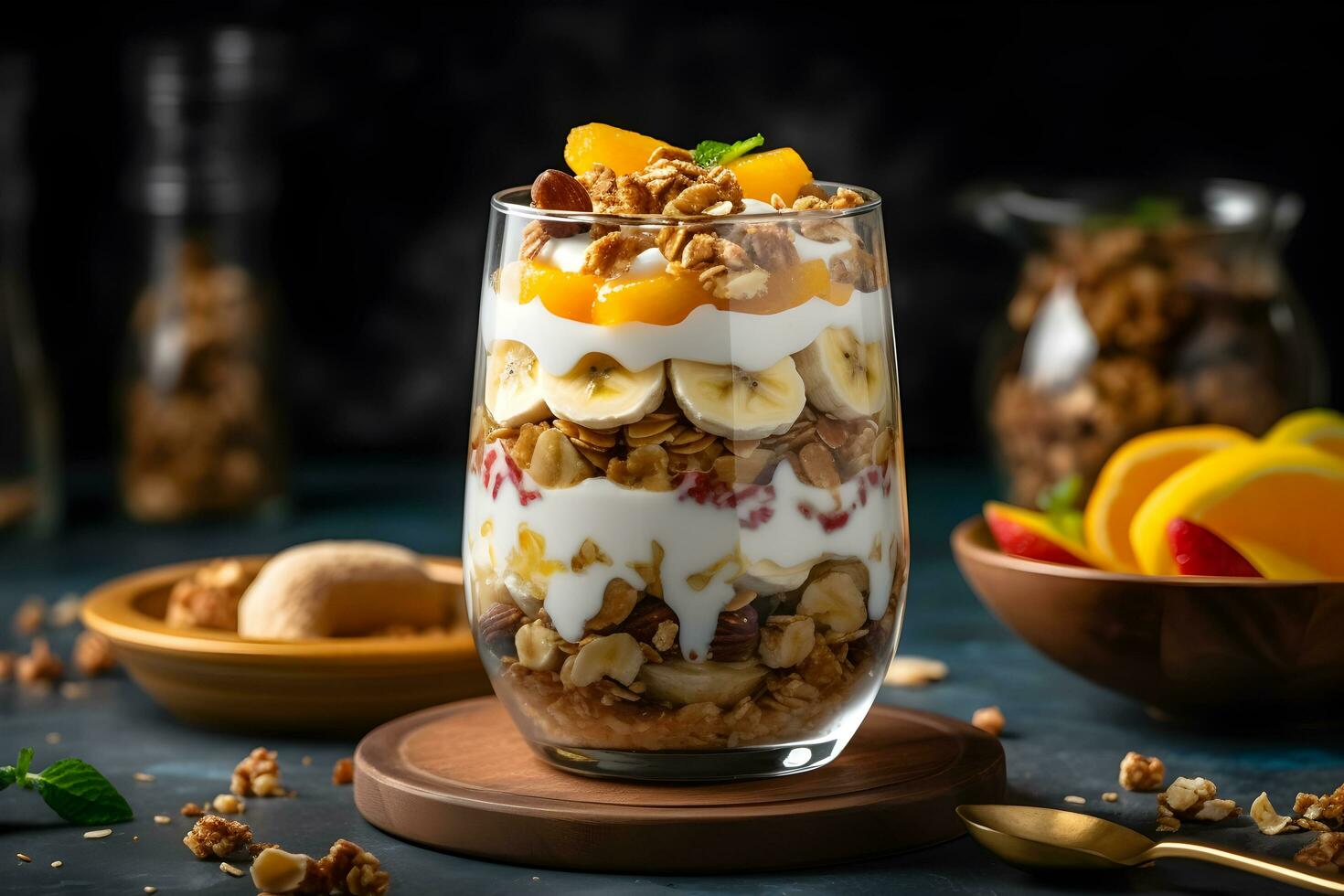 Yogurt granola parfait with sliced nuts, fresh mango and banana fruits in a glass jar on dark background. Generative AI. photo