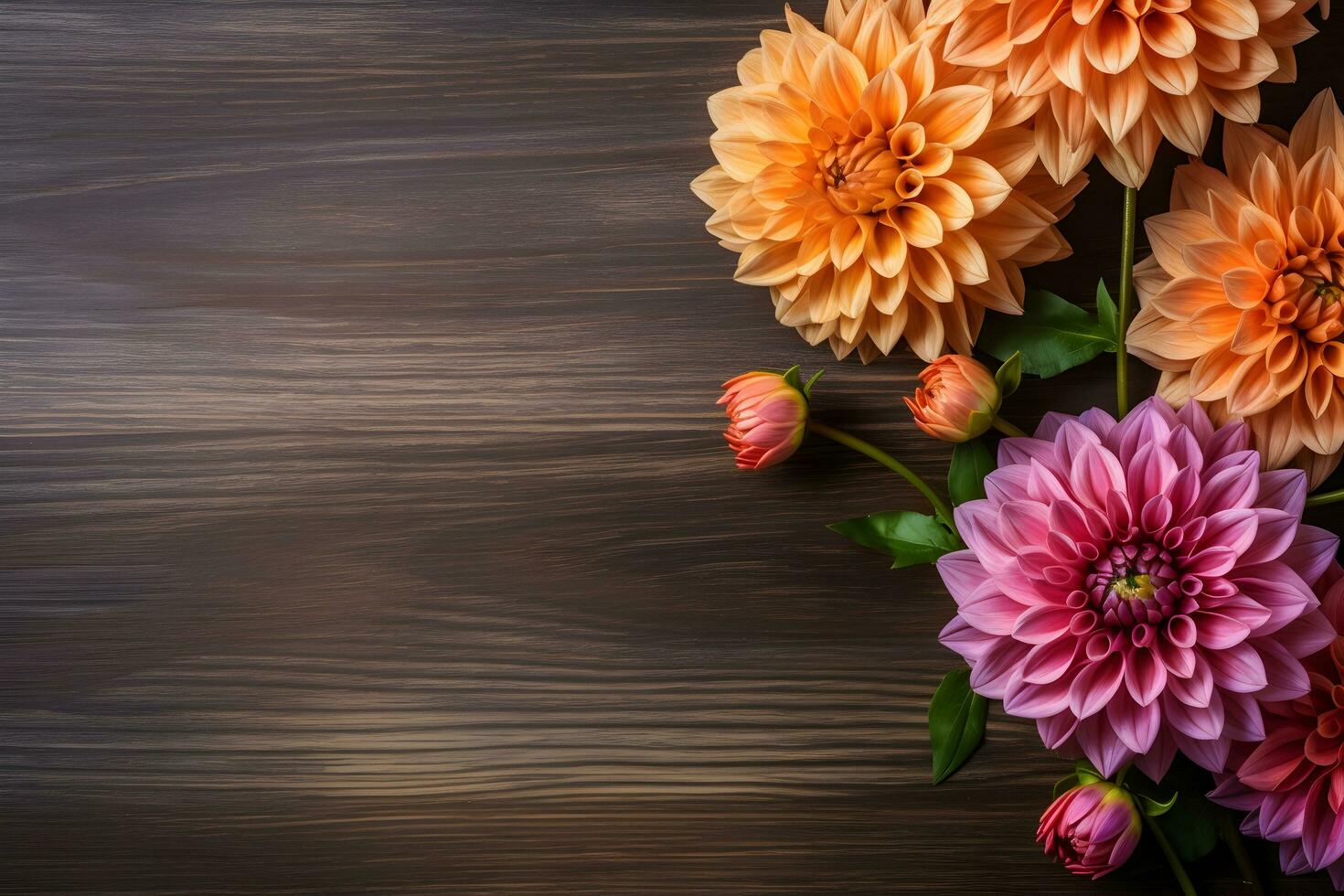 Dahlia flowers on wooden background, floral flat lay. Valentine's, womens, mothers day, birthday or wedding concept. Top view. Copy space. Generated AI. photo