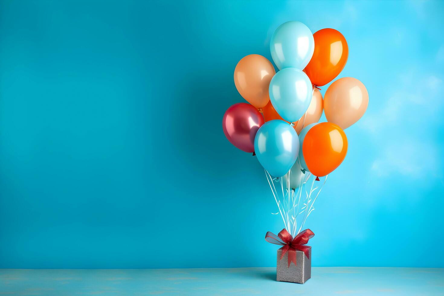 Colorful balloons bunch tied with a gift box on a blue wall background with copy space. Birthday, wedding, party or celebration concept. Generated AI. photo