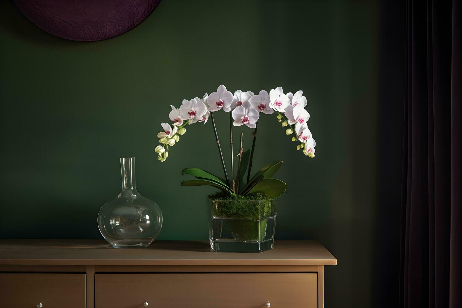 Beautiful tropical white phalaenopsis orchid in a glass pot on a chest of drawers, in an interior with green wall, dark background. Copy space. Ai generated. photo