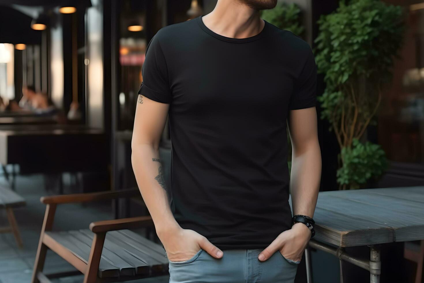 joven hombre vistiendo bella lona negro t camisa y vaqueros, a un acogedor restaurante en veranos día. diseño camiseta plantilla, impresión presentación Bosquejo. ai generado. foto