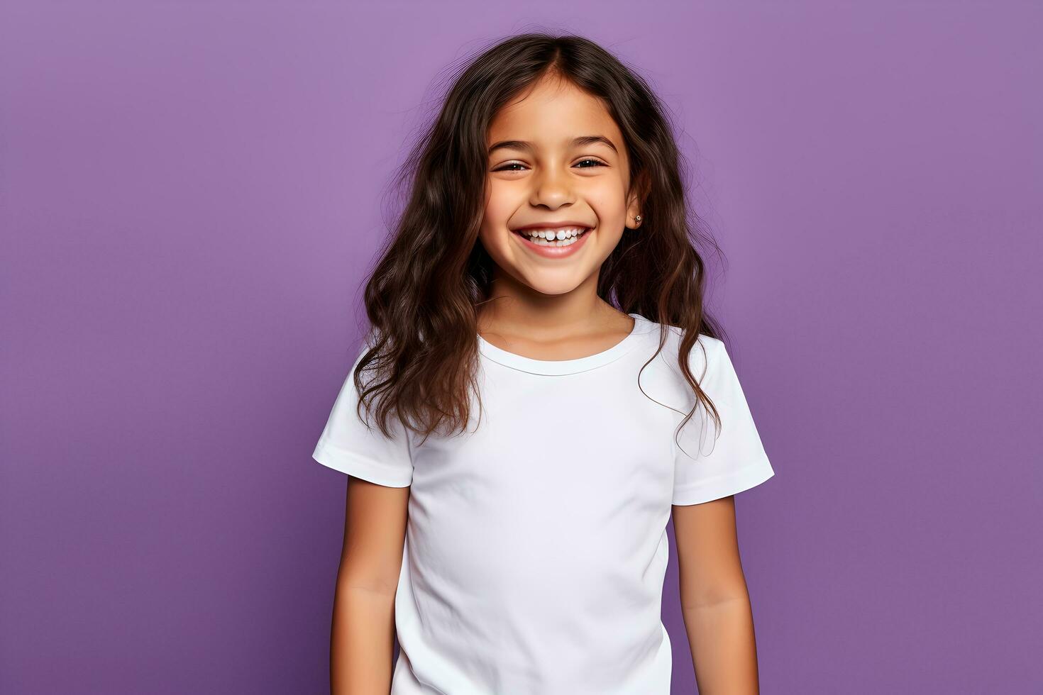 Female child, girl wearing bella canvas white shirt mockup, at purpe background. Design tshirt template, print presentation mock-up. AI generated. photo