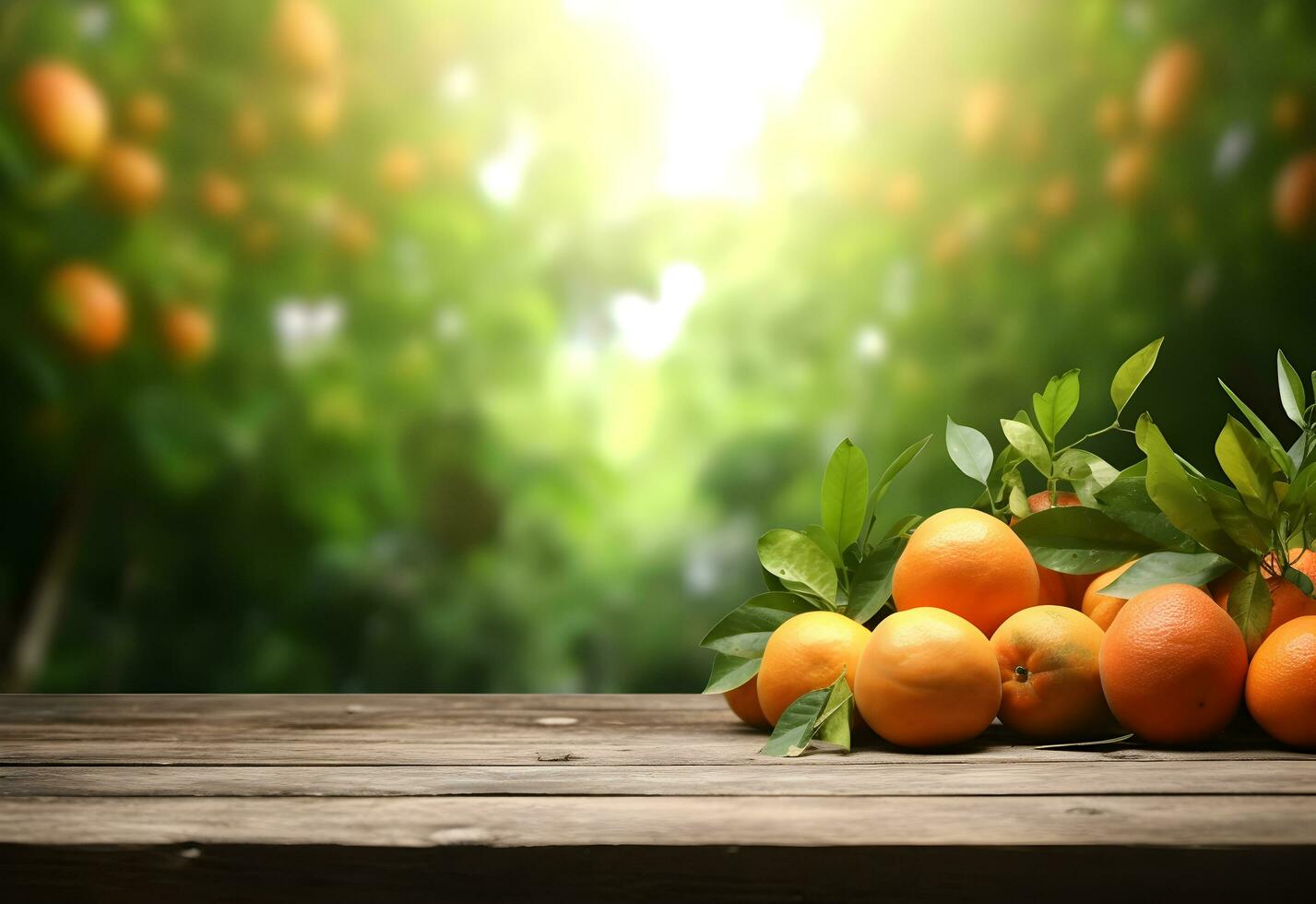 Wooden table with orange fruits and free space on nature blurred background. Generated AI. photo