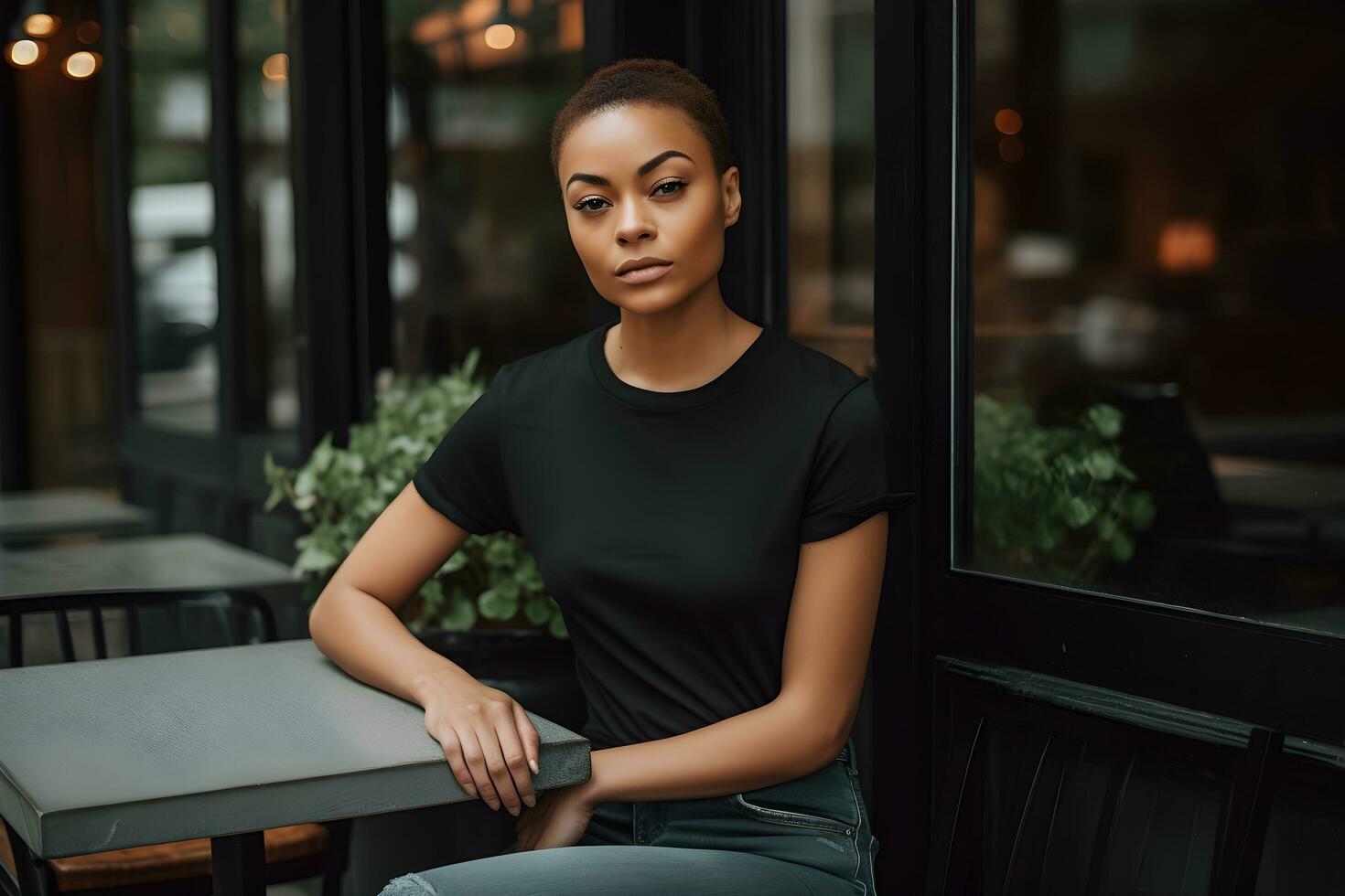 Young african woman wearing bella canvas black t shirt and jeans, at a cozy restaurant on summers day. Design tshirt template, print presentation mockup. Ai generated. photo