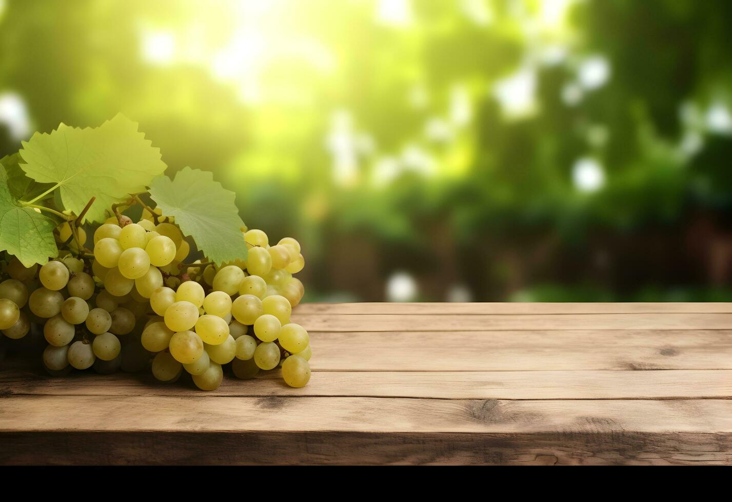 Wooden table with fresh white grapes and free space on nature blurred background, vineyard field. Generated AI. photo