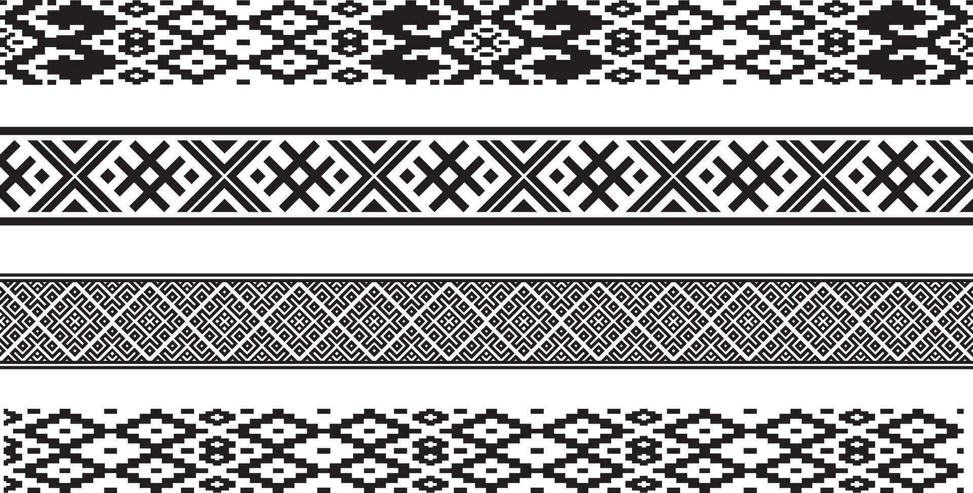 Vector set of monochrome seamless Belarusian national ornament. Ethnic endless black border, Slavic peoples frame.