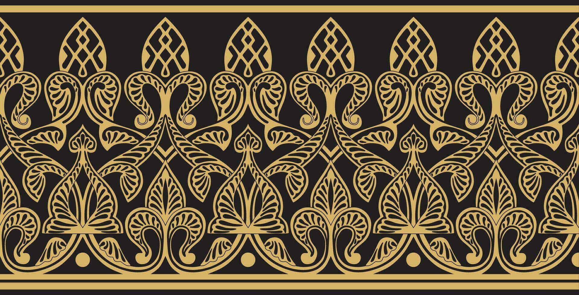 Vector golden seamless oriental national ornament. Endless ethnic floral border, arab peoples frame. Persian painting.