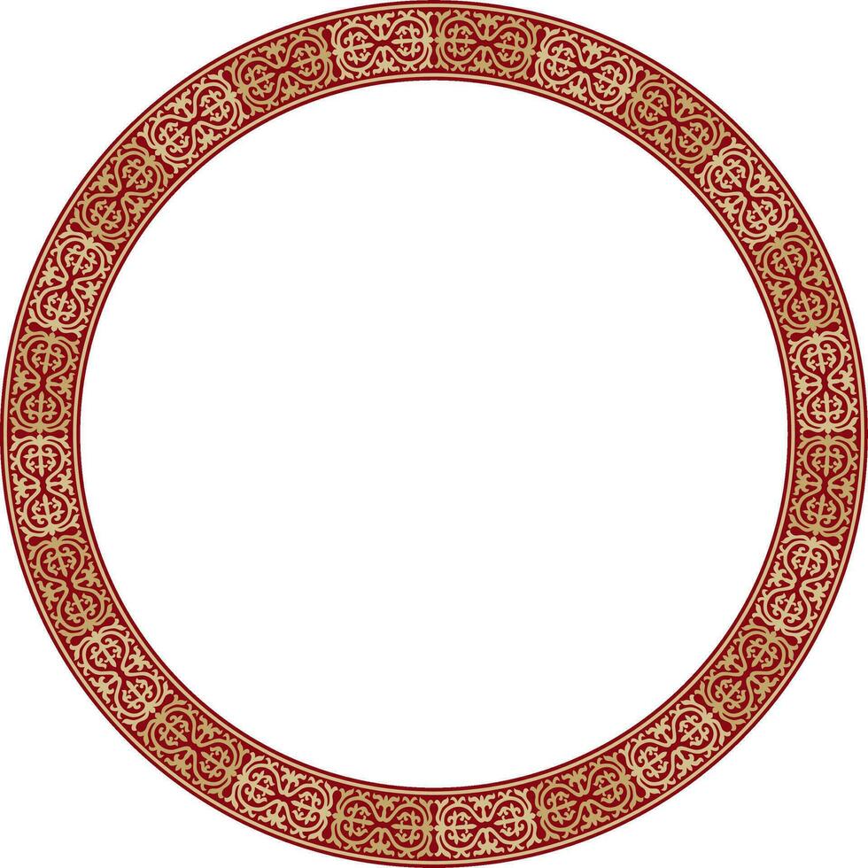 Vector red and gold round Kazakh national ornament. Ethnic pattern of the peoples of the Great Steppe, .Mongols, Kyrgyz, Kalmyks, Buryats. circle, frame border