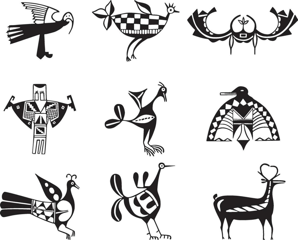 Vector monochrome set of symbols of the Indians of Central, South and North America. Native American patterns, birds.