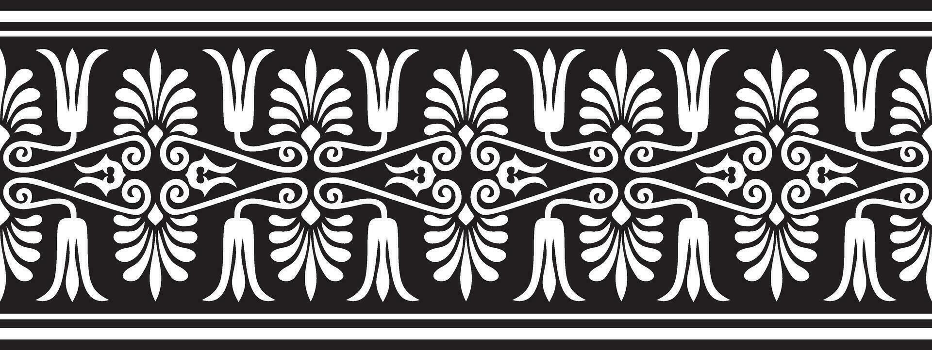 Vector black monochrome seamless ornament of ancient Greece. Classic Endless pattern frame border Roman Empire