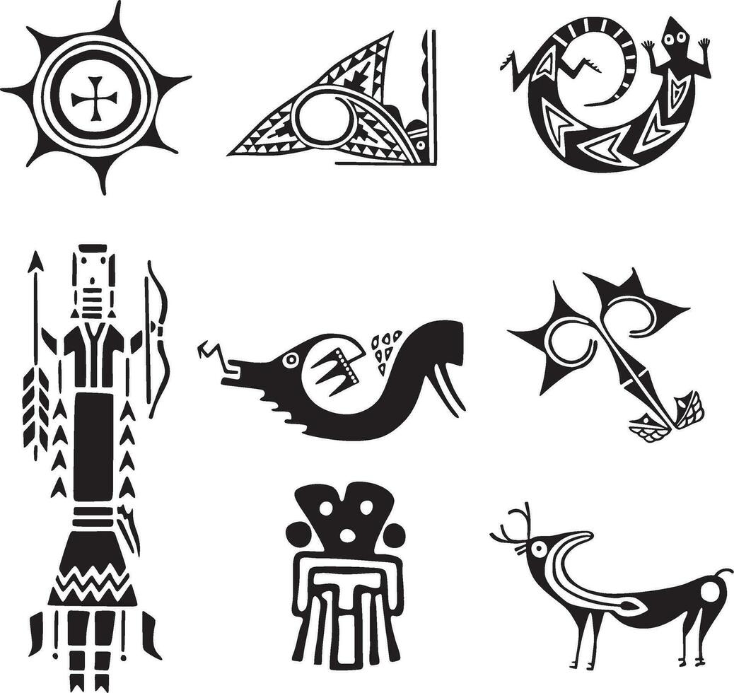 Vector monochrome set of symbols of the Indians of Central, South and North America. Native American patterns, man, animal