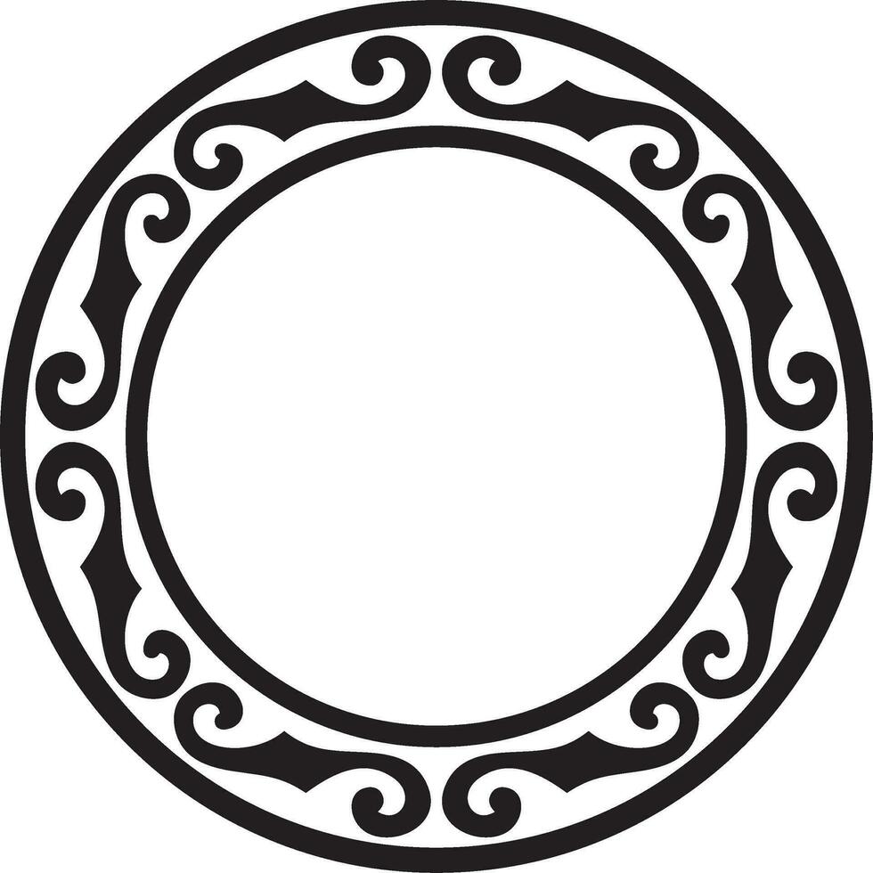 Vector black monochrome round Kazakh national ornament. Ethnic pattern of the peoples of the Great Steppe, Mongols, Kyrgyz, Kalmyks, Buryats. circle, frame border