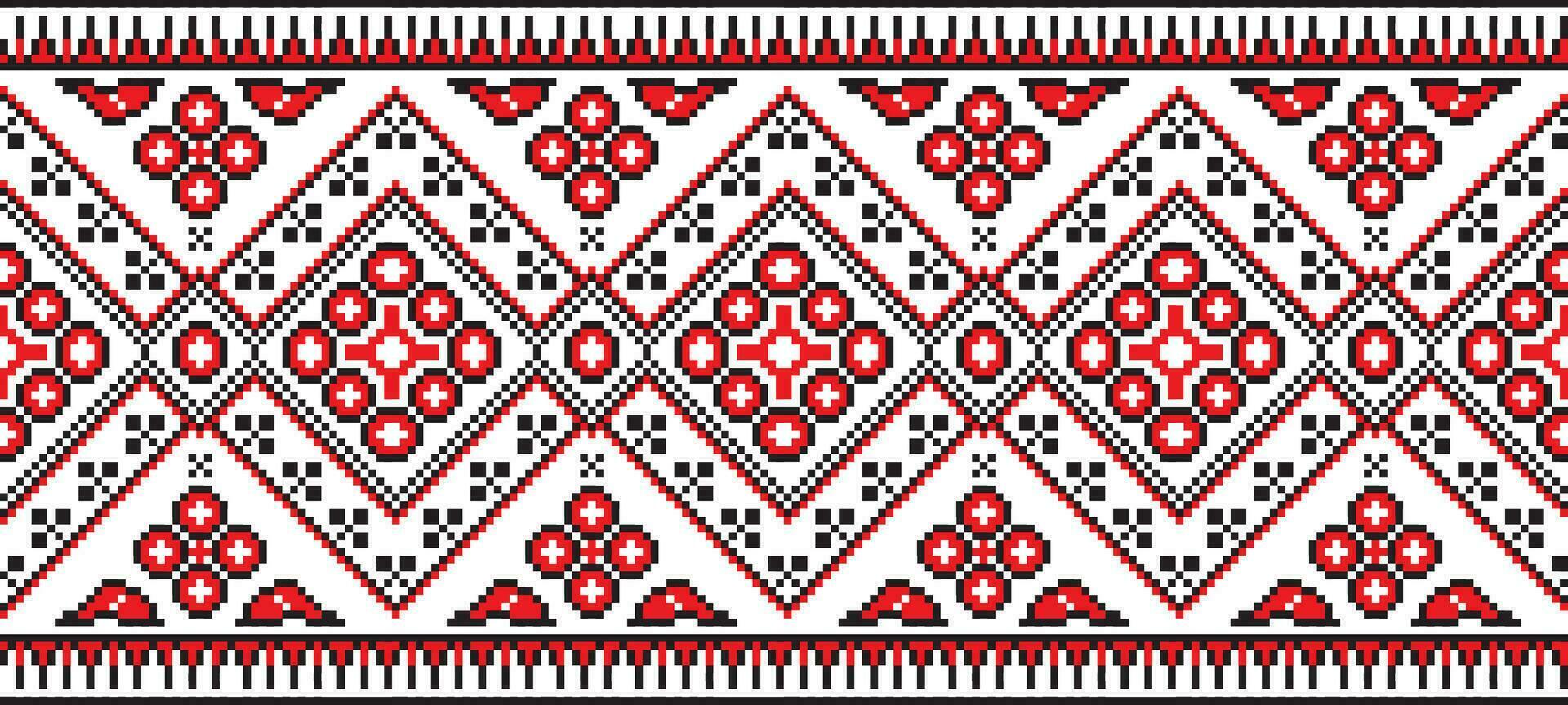 Vector colored seamless Ukrainian national ornament, embroidery. Endless ethnic floral border, Slavic peoples frame. Red cross stitch.