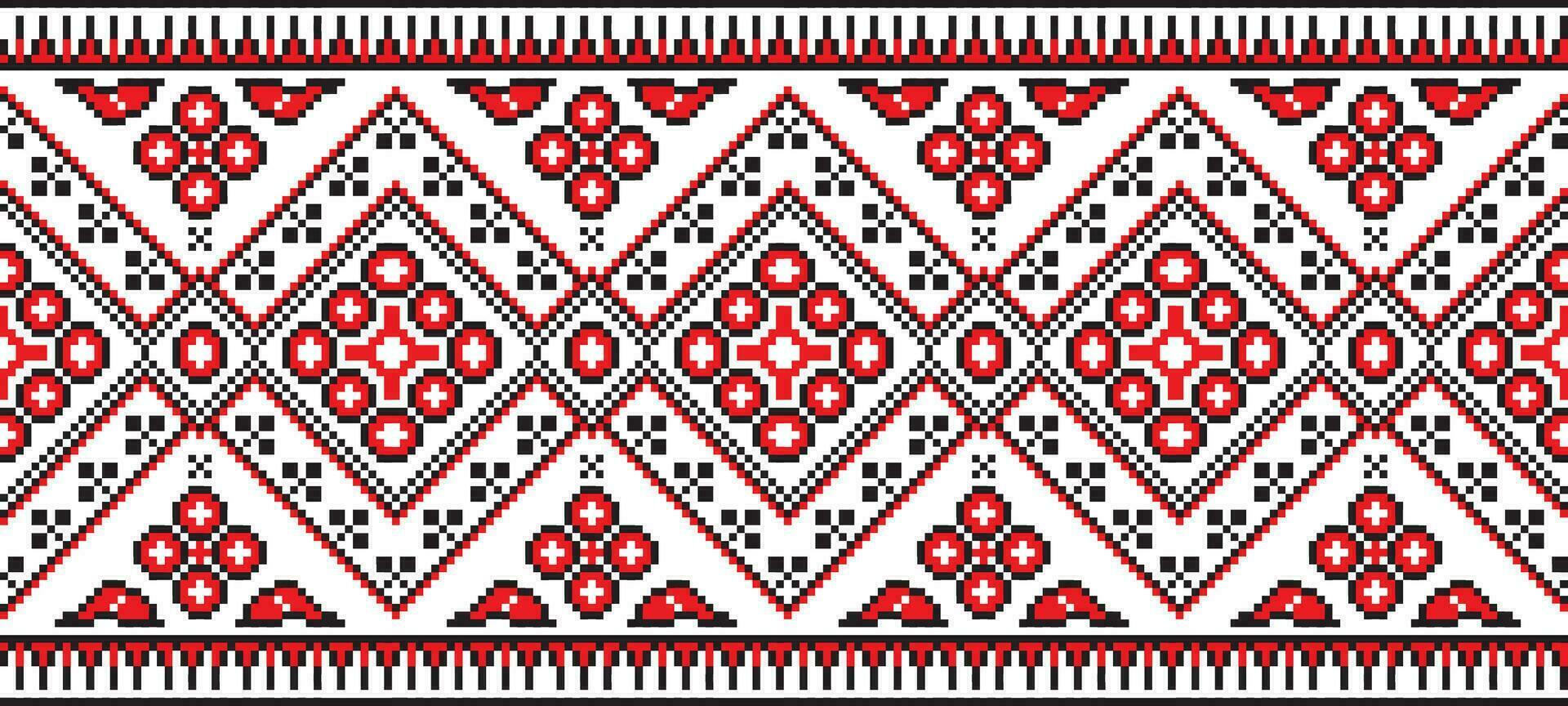 Vector colored seamless Ukrainian national ornament, embroidery. Endless ethnic floral border, Slavic peoples frame. Red cross stitch.