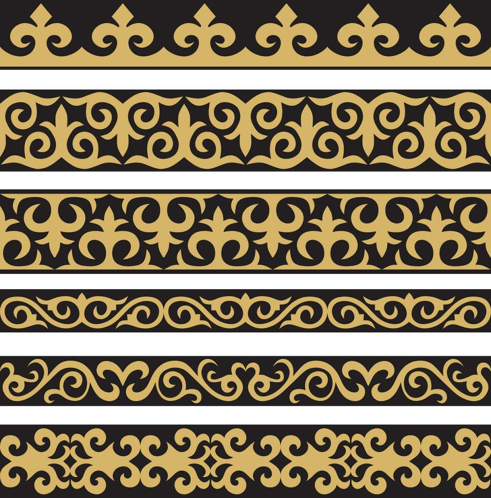 conjunto de vector oro y negro sin costura kazakh nacional ornamento. étnico modelo de el nómada pueblos de el genial estepa, el turcos borde, marco mongoles, kirguís, entierros, kalmyks
