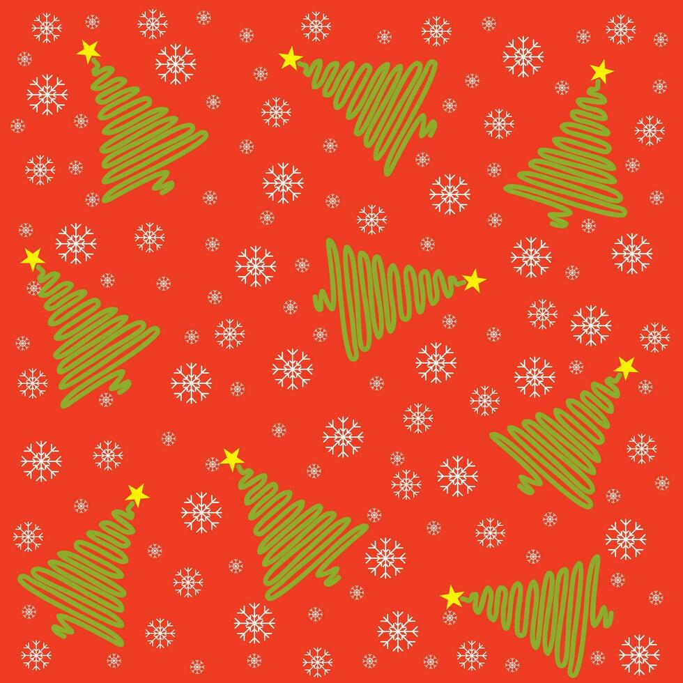 Vector red with green firs, snowflakes and stars seamless pattern. Festive wrapping for gifts for the New Year.