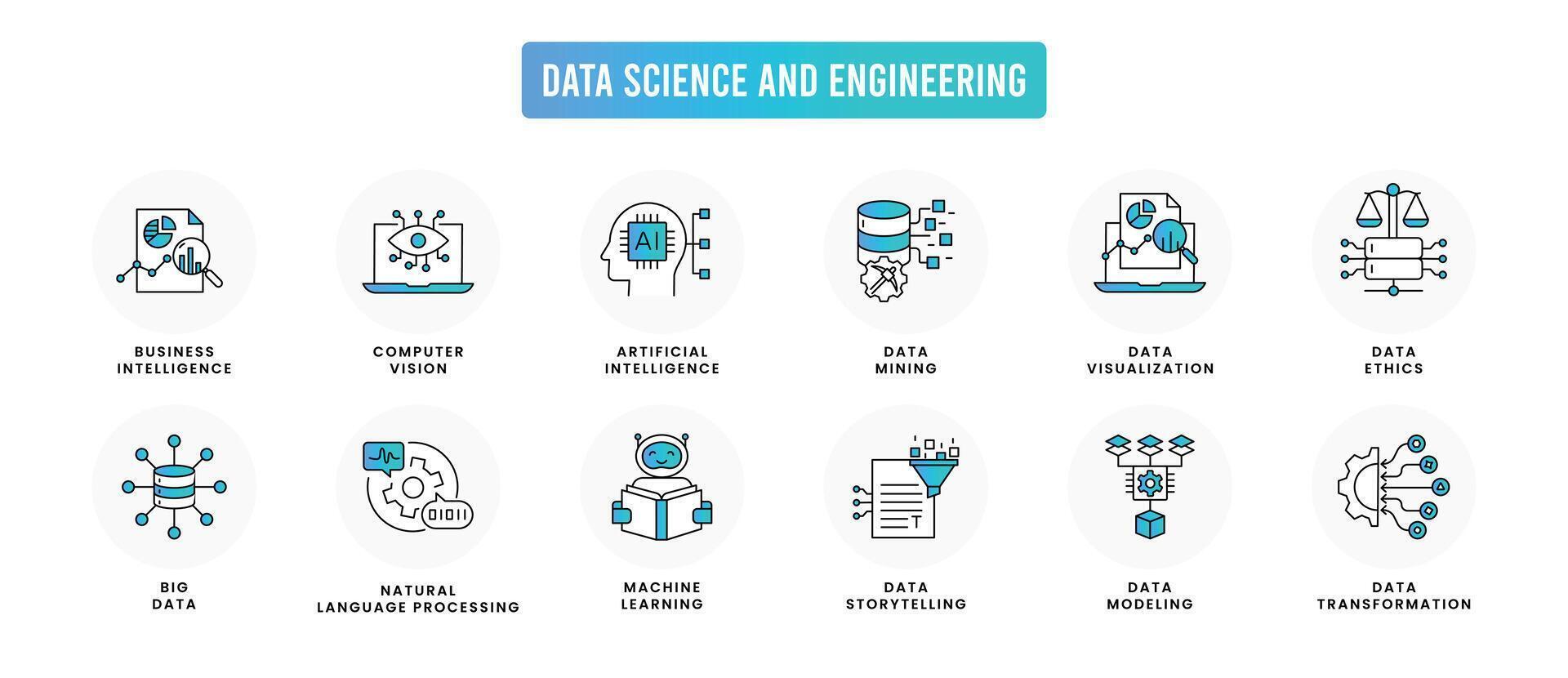 Data science and engineering icons. modeling, transformation, mining ...