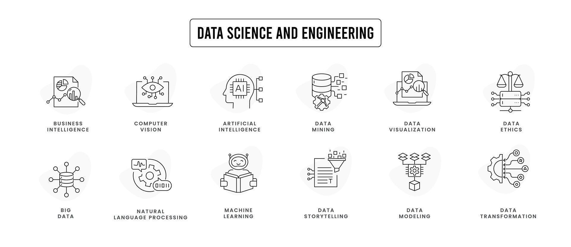 Data science and engineering icons. modeling, transformation, mining, storytelling, visualization, big data, computer vision, natural language processing, AI, ML, and data ethics. vector