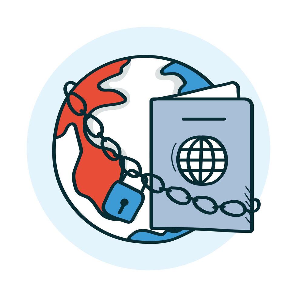 An icon with a globe bound by passports, highlighting the importance of tourist security awareness, traveler's passport lock, and precautions against worldwide scams. vector