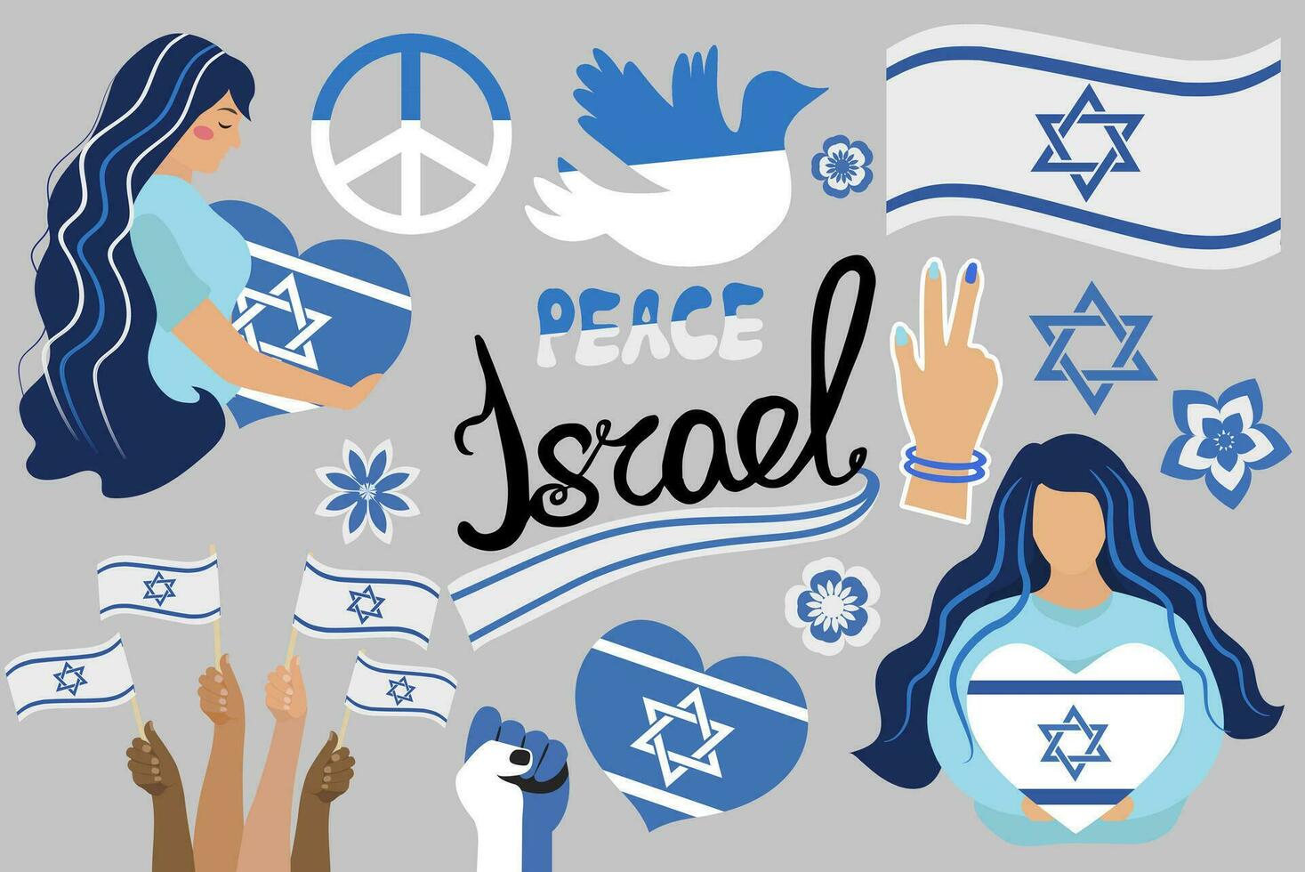 Israel icon set with flag, star of david. Pray for Israel collection flat style. Design for humanity, peace, donations, charity and antiwar. Vector illustration