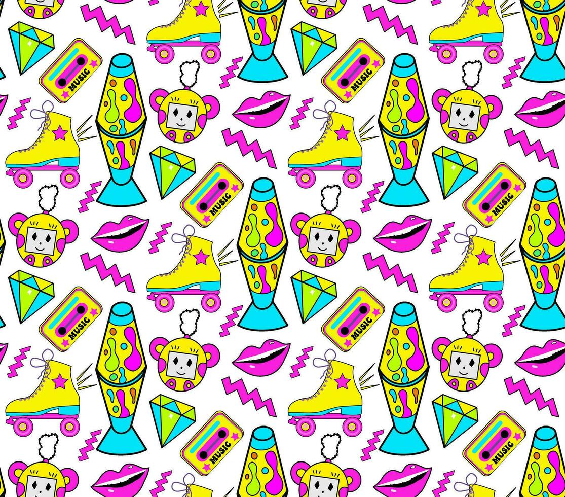 de moda 90s estilo sin costura modelo con neón artículos elementos, moda textura con parche, pegatinas popular Arte fondos de pantalla, textil y envase impresión. vector ilustración