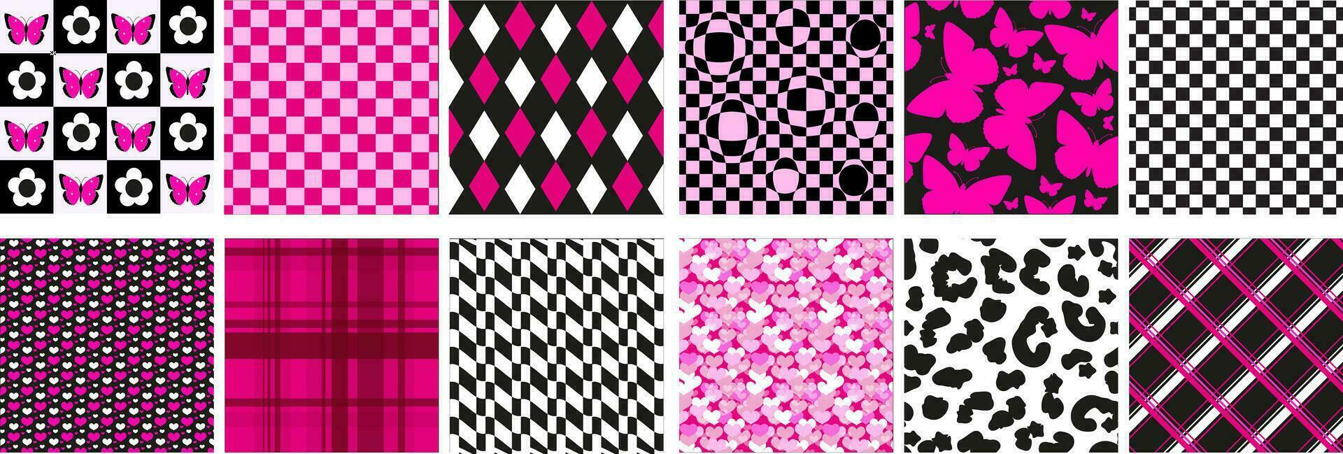 Y2k glamour emo pink seamless patterns set. 2000s aesthetic. Retro psychedelic texture with Butterfly, heart, chessboard.Vector illustration vector
