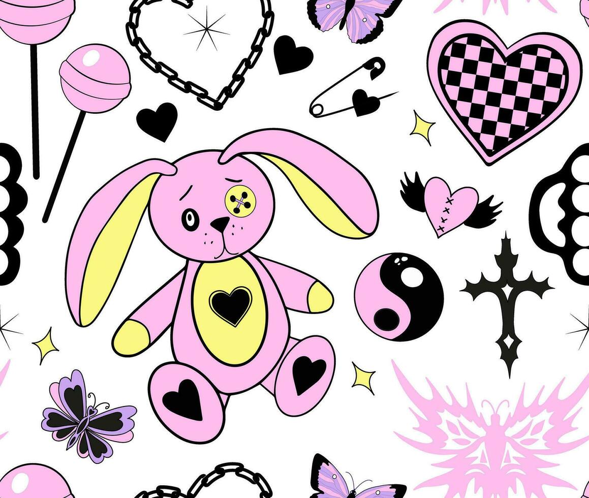 Y2k emo girl glamour pink seamless pattern. Backgrounds in trendy 2000s emo kawaii style. Gothic texture 90s, 00s aesthetic. Vector illustration