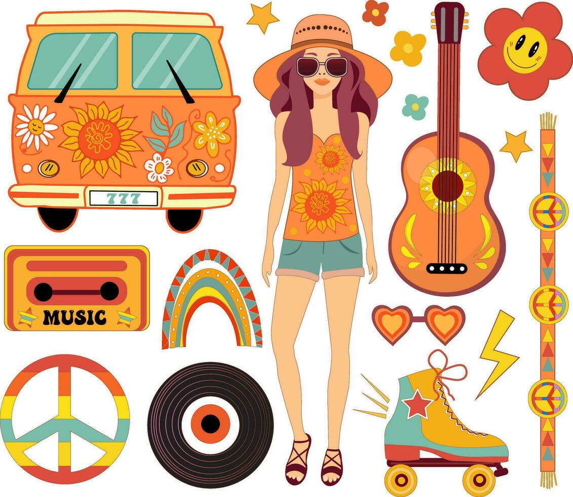 Groovy hippie 70s vector set. Cartoon funny style. Psychedelic flower, heart, retro girl, rainbow, rollerskates. Isolated sticker pack.Vector illustration