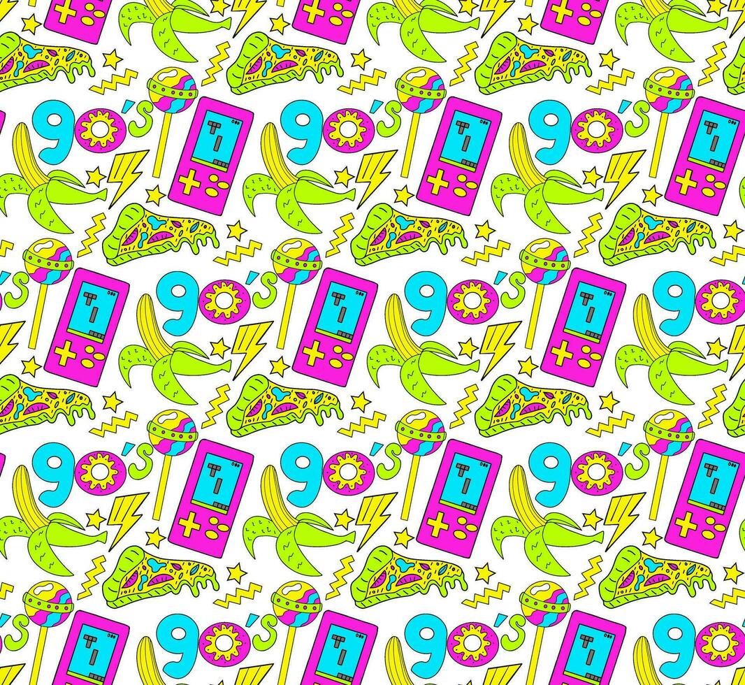 Trendy 90s style seamless pattern with neon items elements,Fashion texture with patch, stickers. Pop art wallpapers, textile and wrapping print. Vector illustration