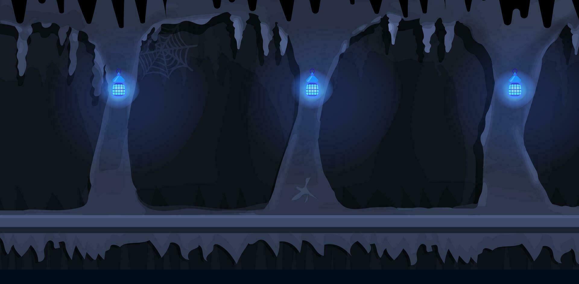 Dark cave game background tillable horizontally, dark terrible empty place with rock, lighting walls in side view. For 2d games location. Vector illustration