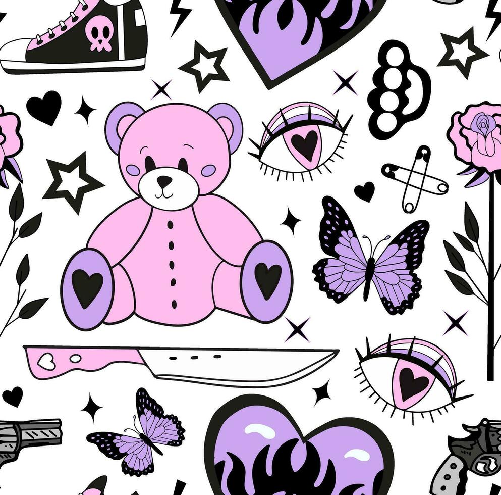 Y2k emo girl glamour pink seamless pattern. Backgrounds in trendy 2000s emo kawaii style. Gothic texture 90s, 00s aesthetic. Vector illustration