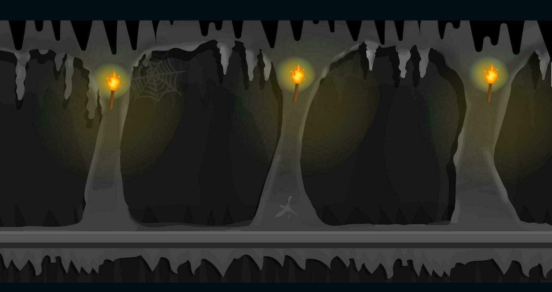 oscuro cueva juego antecedentes cultivable horizontalmente, oscuro terrible vacío sitio con roca, Encendiendo paredes en lado vista. para 2d juegos ubicación. vector ilustración