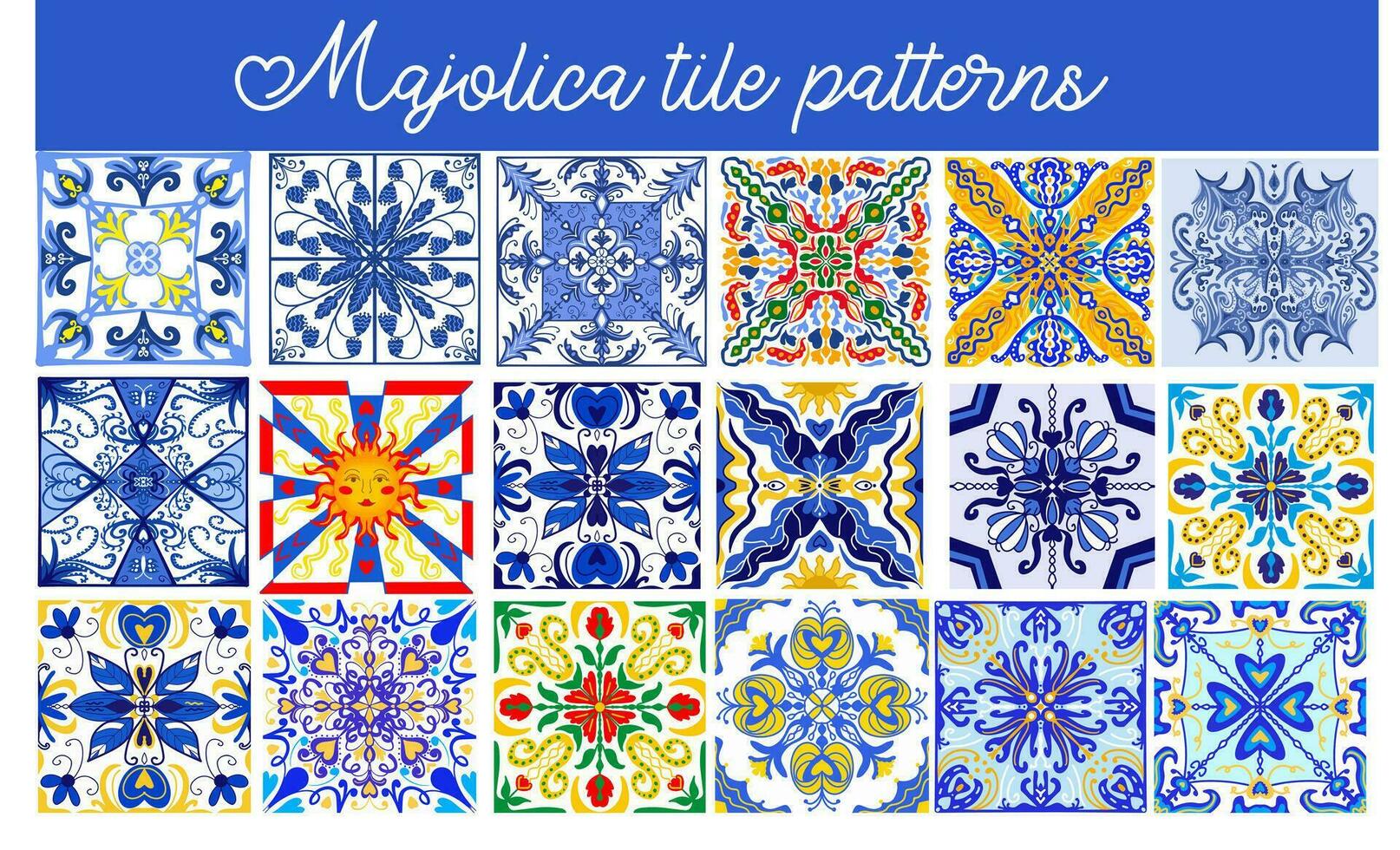 Majolica patterns set. Sicilian hand drawn blue ornament. Traditional blue and white ceramic tiles. Portuguese traditional azulejo pattern. Moroccan style.Vector illustration vector