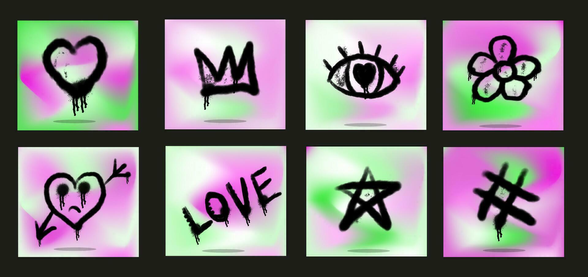 Graffiti drawing emo symbols set. Painted graffiti spray pattern of lightning, arrow, crown, star, heart and smile. Spray paint elements. Vector illustration.